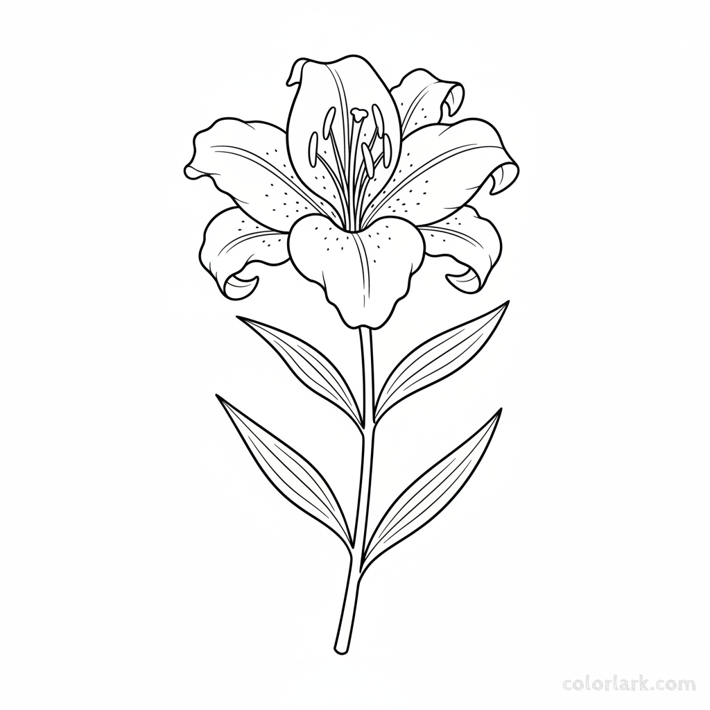 Black and white line art of a single, elegant lily flower with prominent stamens on a tall stem with elongated leaves.