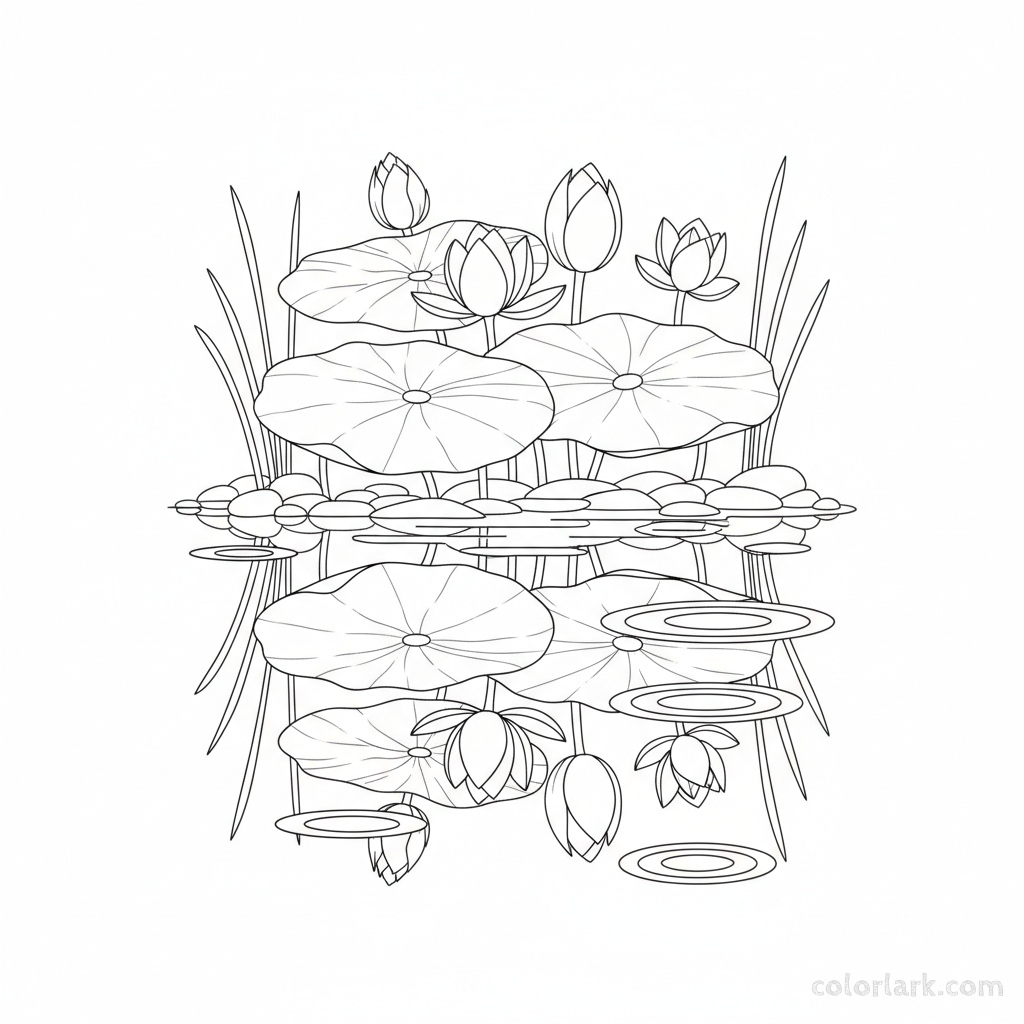 Black and white line art showing lily pads and lotus petals with their reflections on water.