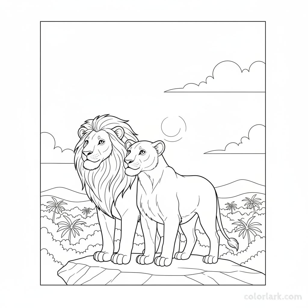 Black and white line art of a lion and lioness gazing at the horizon together in an Indian jungle