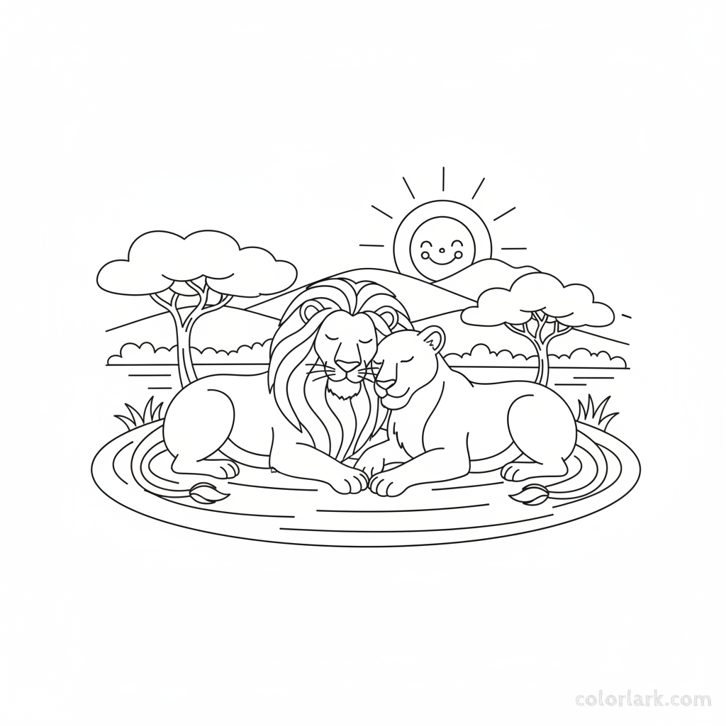 Black and white line art of an adult lion and lioness relaxing closely together on a sunny day.