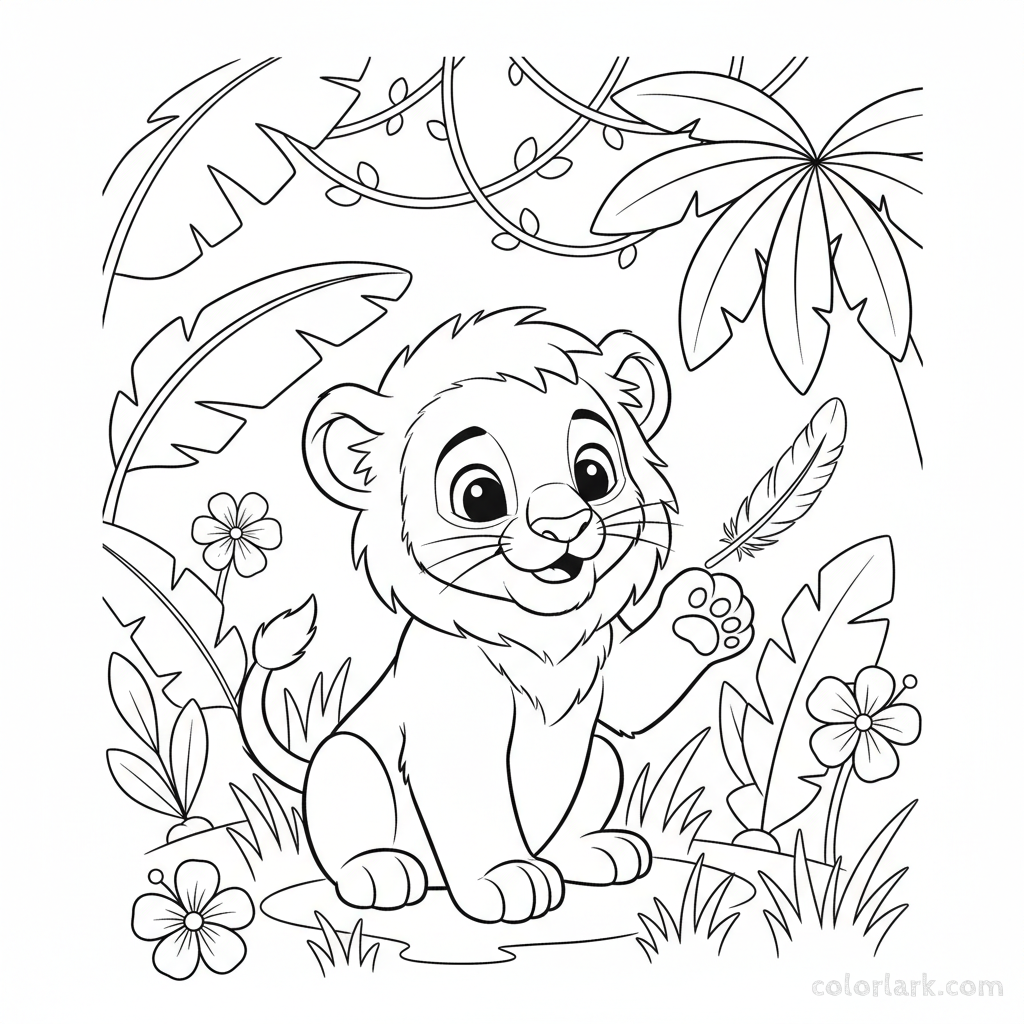 Black and white line art of a lion cub playing with a jungle bird's feather