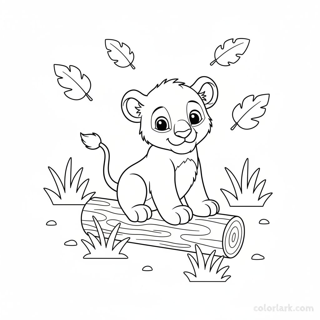 Black and white line art of a cute lion cub playfully posing on a small fallen log.