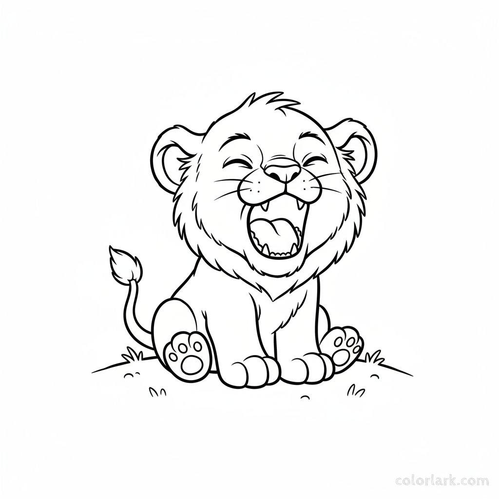 Black and white line art of a cute lion cub yawning widely after a long nap.