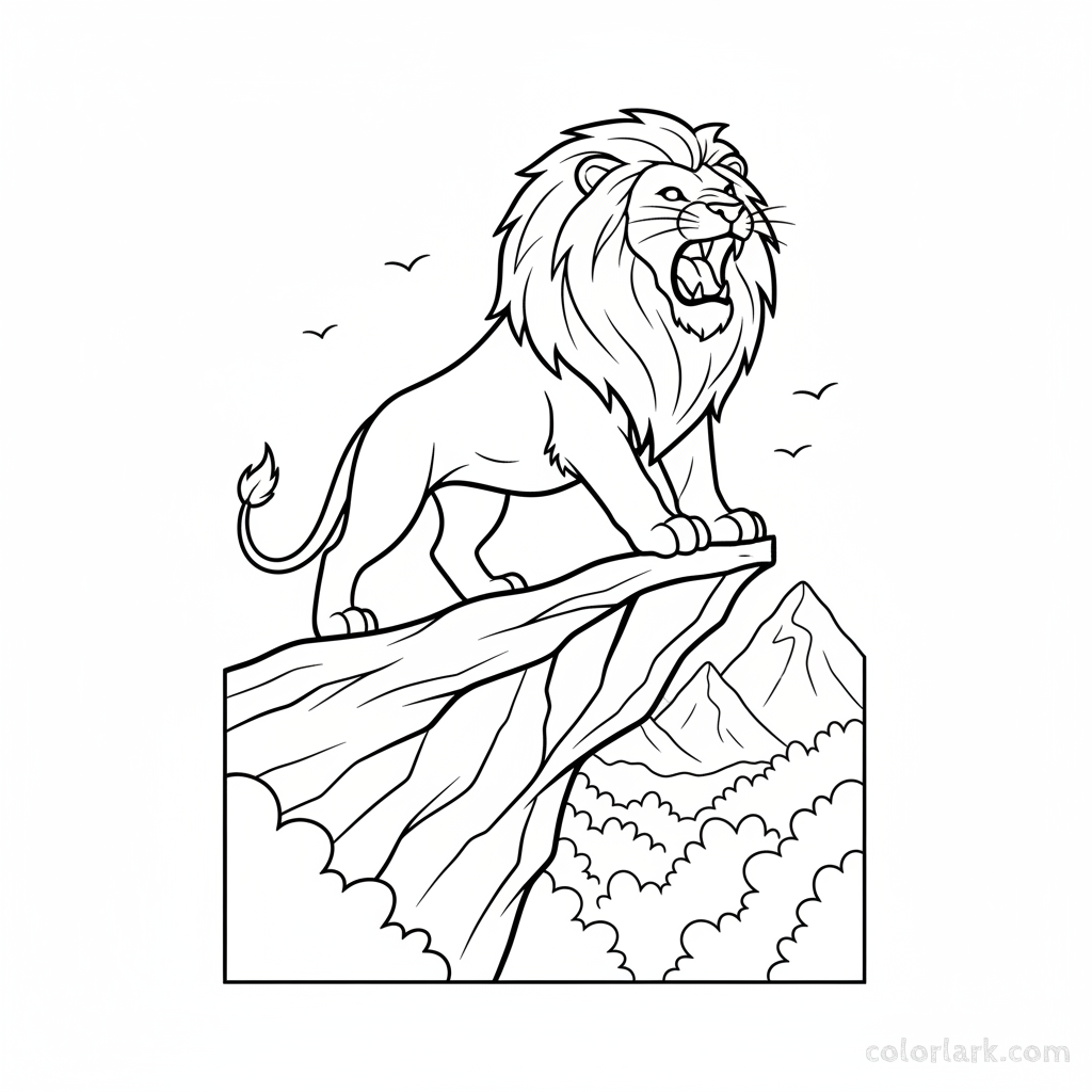 Black and white line art of a lion roaring on a cliff edge, King of the Indian Jungle