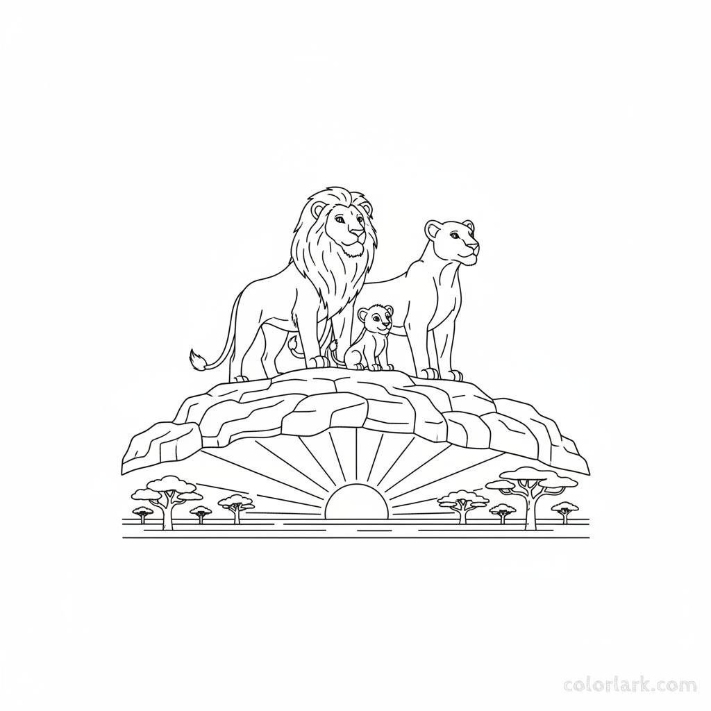 Black and white line art of a lion pride on a rocky lookout hill, surveying the savanna.