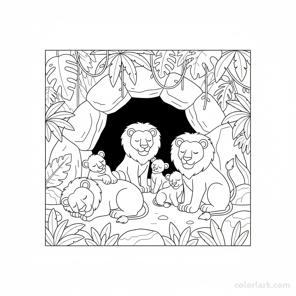 Black and white line art of a lion pride relaxing together near a rocky cave in an Indian jungle