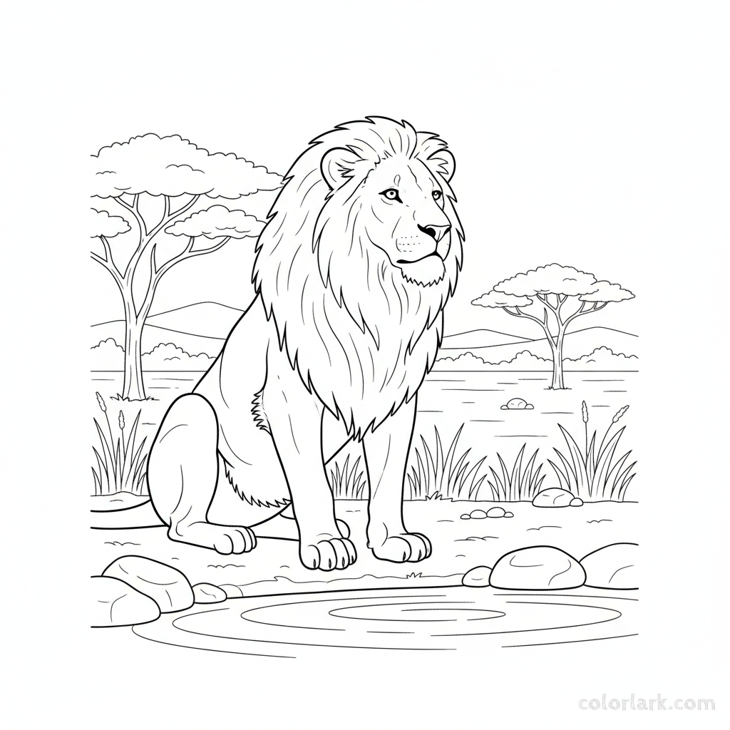 Black and white line art of an adult lion sitting patiently by a watering hole.