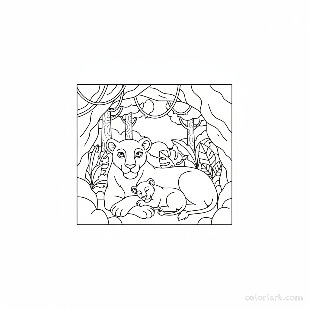 Black and white line art of a lioness and cub resting in a cave entrance in an Indian jungle