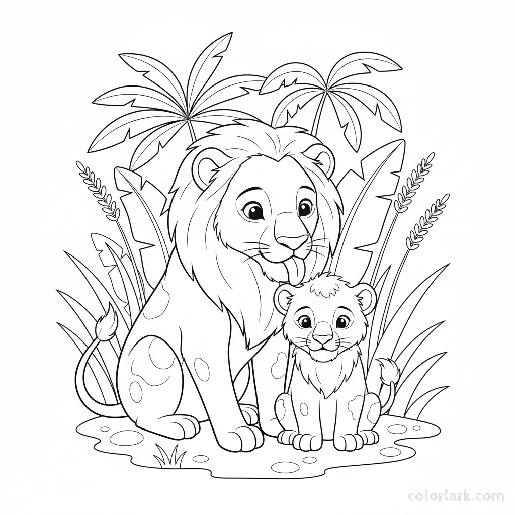 Black and white line art of a lioness grooming her cub's mane in an Indian jungle