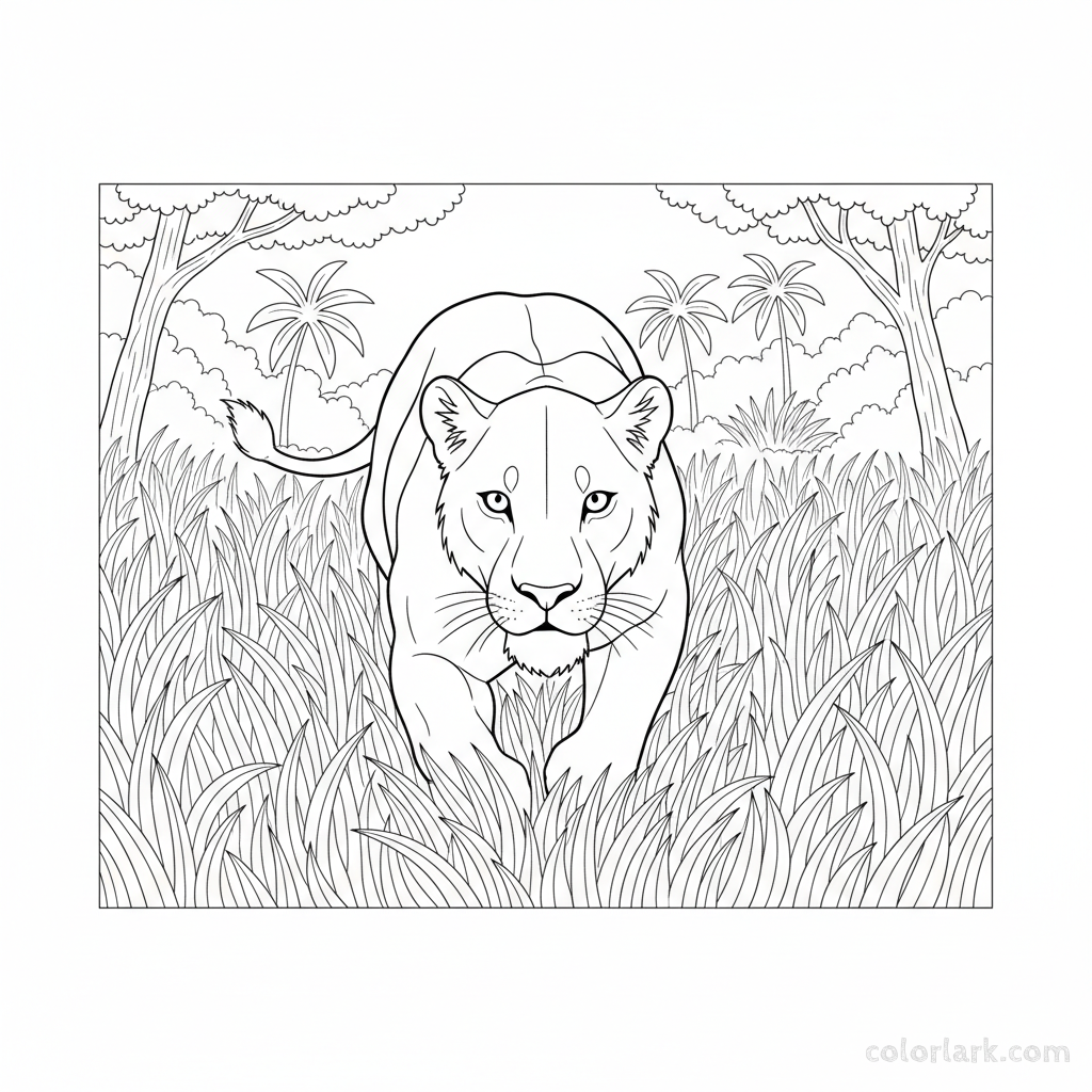 Black and white line art of a lioness hunting in the tall grass of the Indian jungle