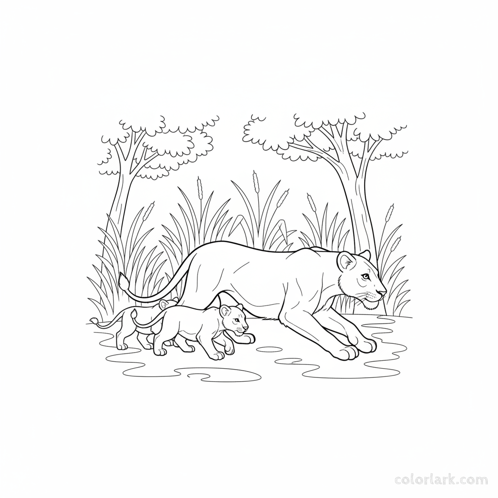 Black and white line art of a lioness teaching cubs to stalk prey in Indian jungle shadows