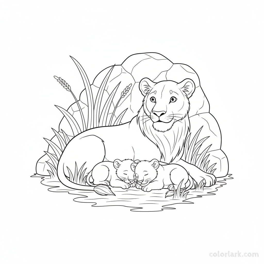 Black and white line art of a lioness watching over her two cubs in a grassy den.