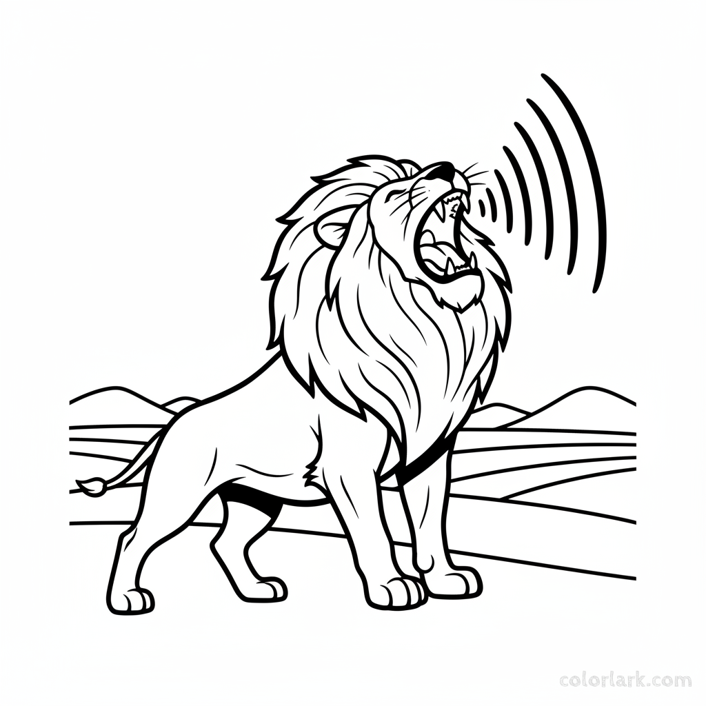 Black and white line art of an adult male lion in mid-roar, echoing through the plains.
