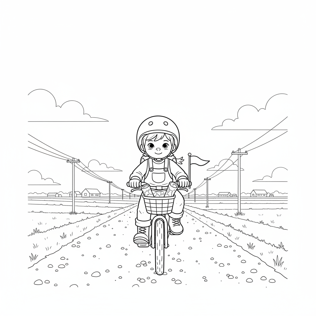 Black and white line art coloring page of a child with a helmet, riding a bicycle on a wide gravel road.