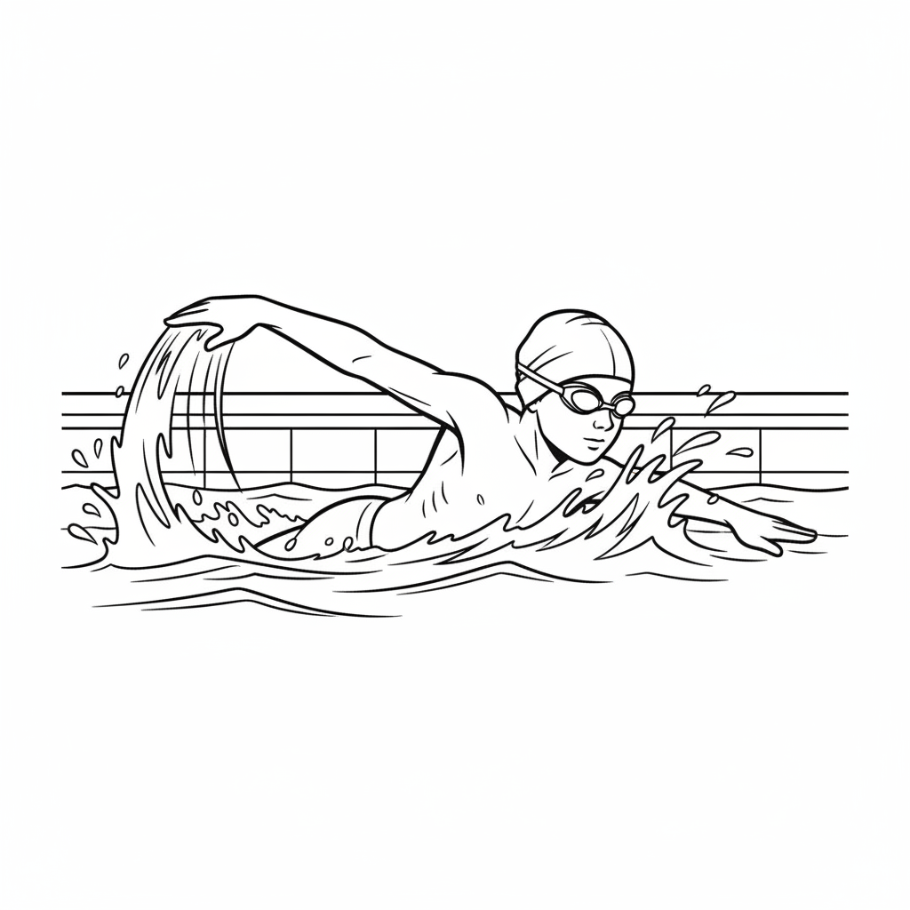 Black and white line art of a little athlete practicing freestyle swim drills in a pool, wearing a swim cap and goggles.
