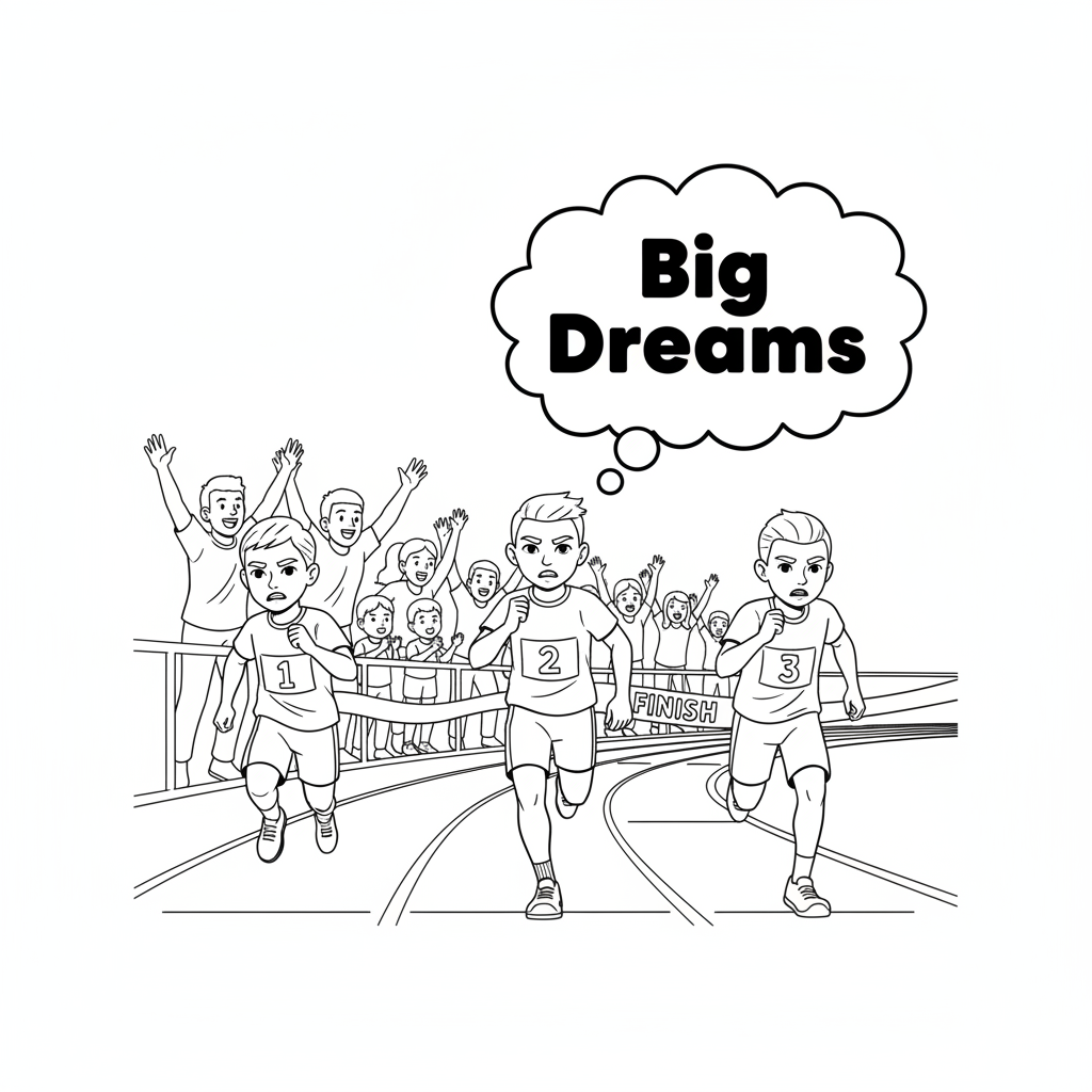 Line art of young athletes sprinting to a finish line with 'Big Dreams' thought bubble, cheered by mentors