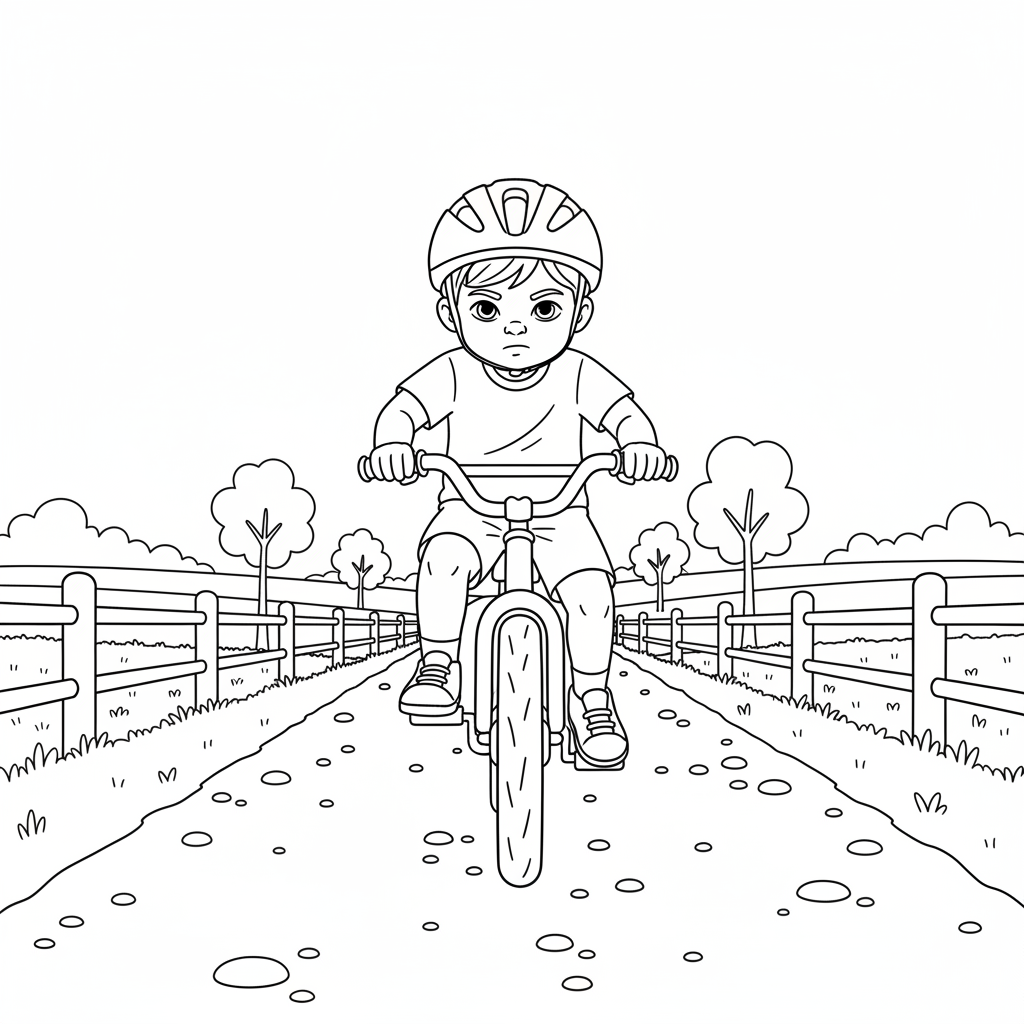 Black and white line art coloring page of a child with a helmet, riding a bicycle on a quiet, unpaved country road.