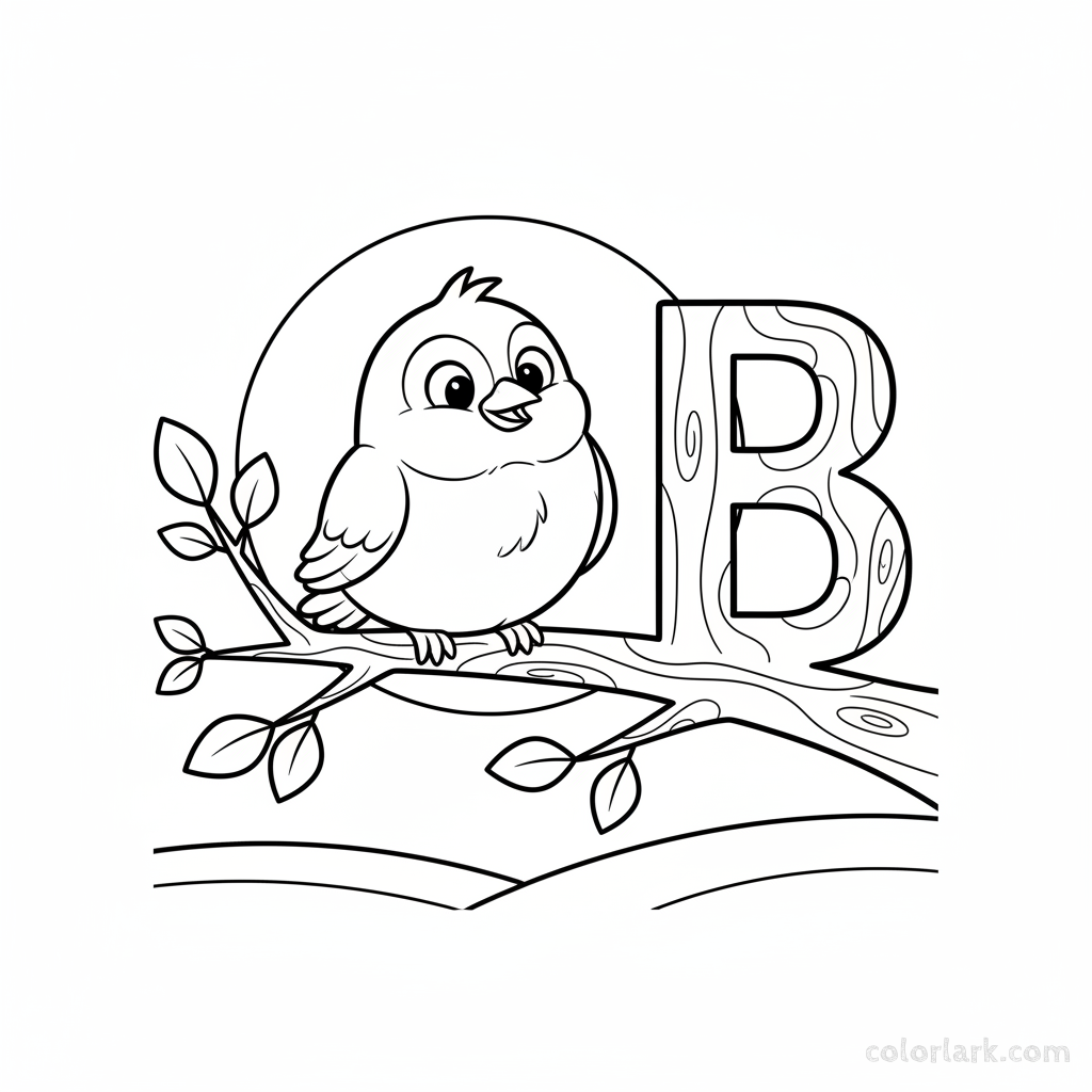Black and white line art of a small bird perched on a branch next to the letter B.