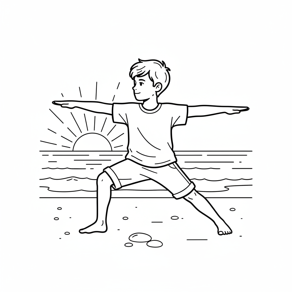 Line art of a little boy in Warrior II yoga pose by the calm sea at dawn, for coloring.