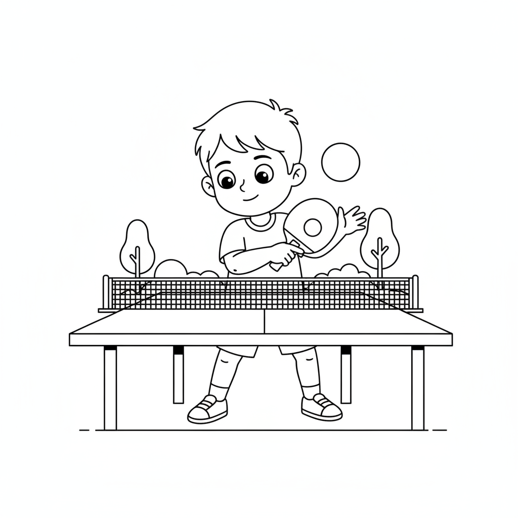 Line art of a little boy attempting his first backhand shot in table tennis.