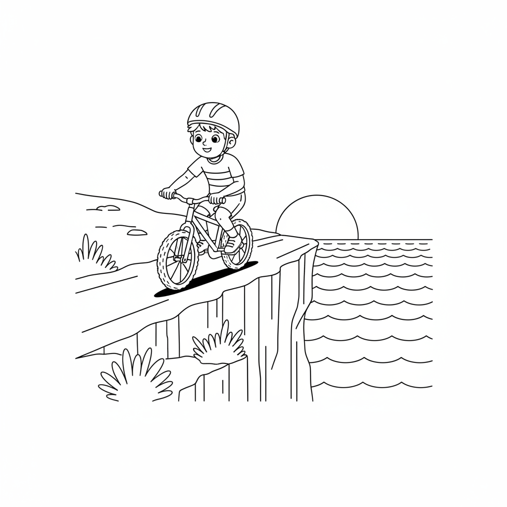 Black and white line art coloring page of a boy with a helmet, riding a bicycle on a coastal cliffside track overlooking the ocean.