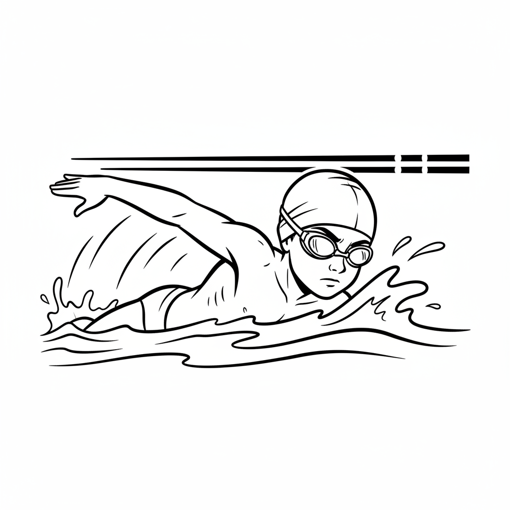 Black and white line art of a child swimming freestyle like a champion in a pool, wearing a swim cap and goggles.