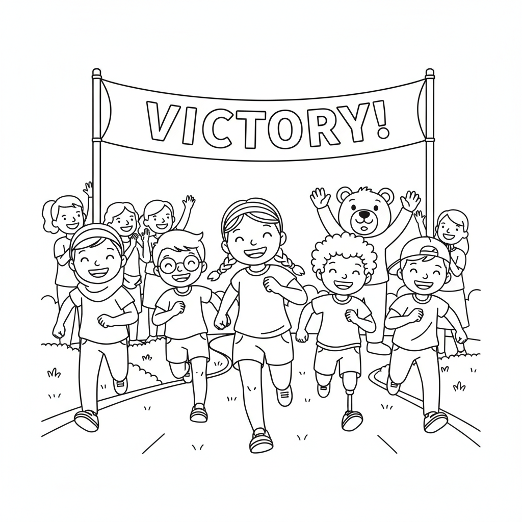Line art of little champions racing to a finish line with a cheering crowd and mascot