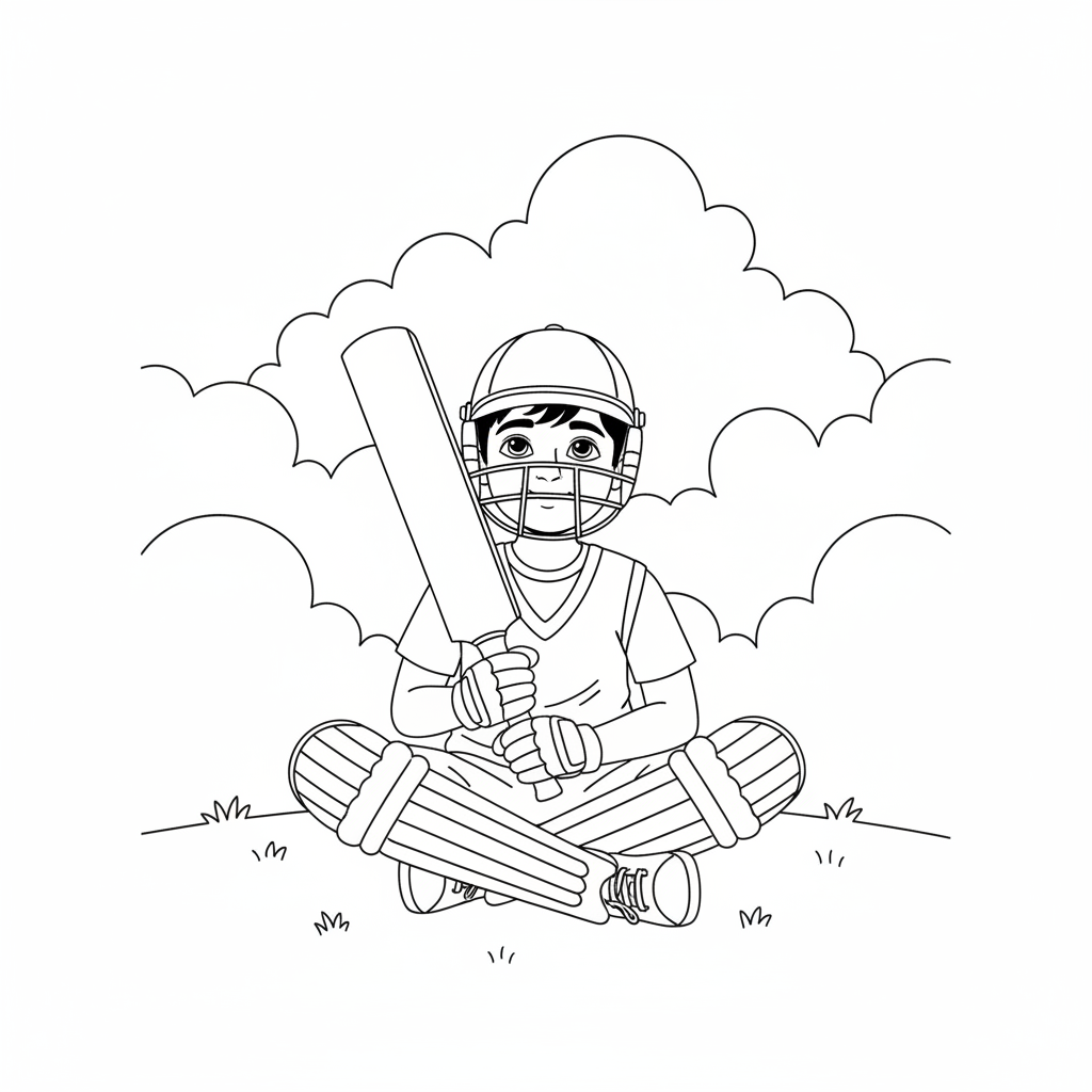 Little Indian boy cricketer, wearing helmet and pads, holding a bat and looking up with a dreamy expression.