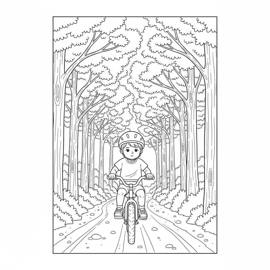 Black and white line art coloring page of a child with a helmet, riding a bicycle on a shady forest road.