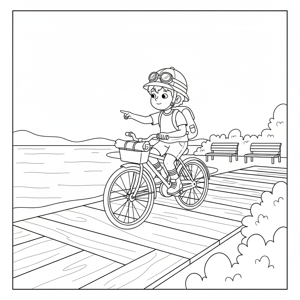 Black and white line art coloring page of a child with a helmet, riding a bicycle on a lakeside boardwalk.