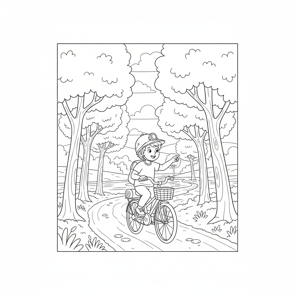 Black and white line art coloring page of a child with a helmet, riding a bicycle on a tree-lined riverside path.