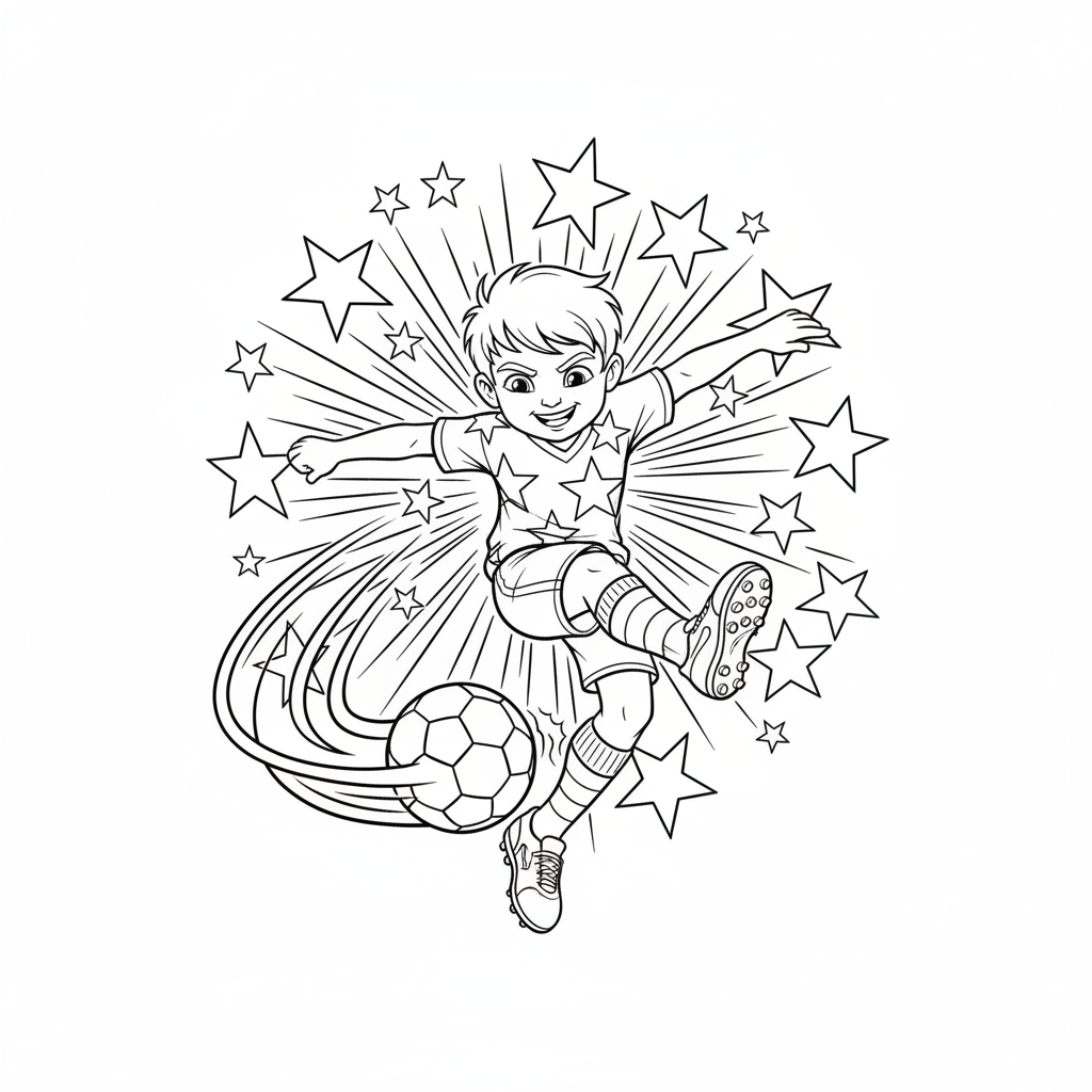 Line art of a little football star making a power kick.