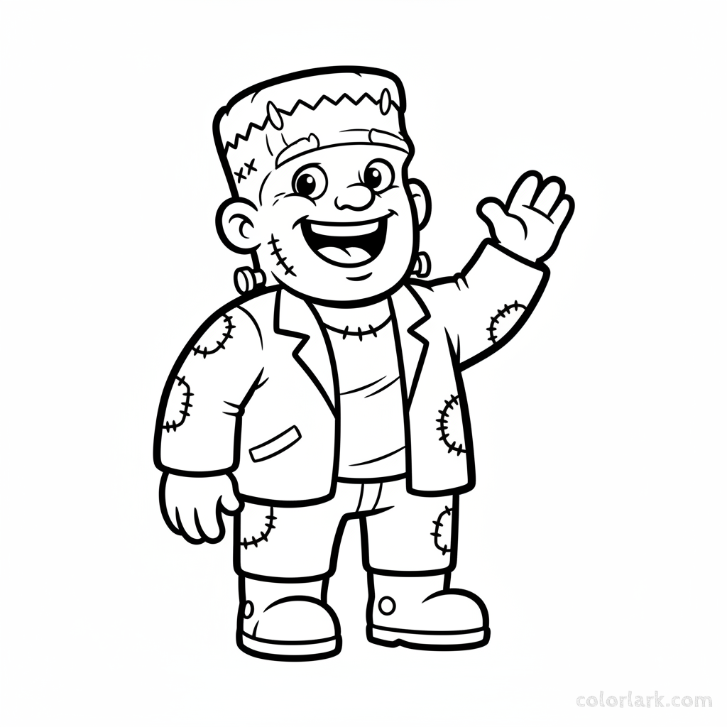 Black and white line art of a cute, friendly Frankenstein monster waving hello, Halloween coloring page for children.