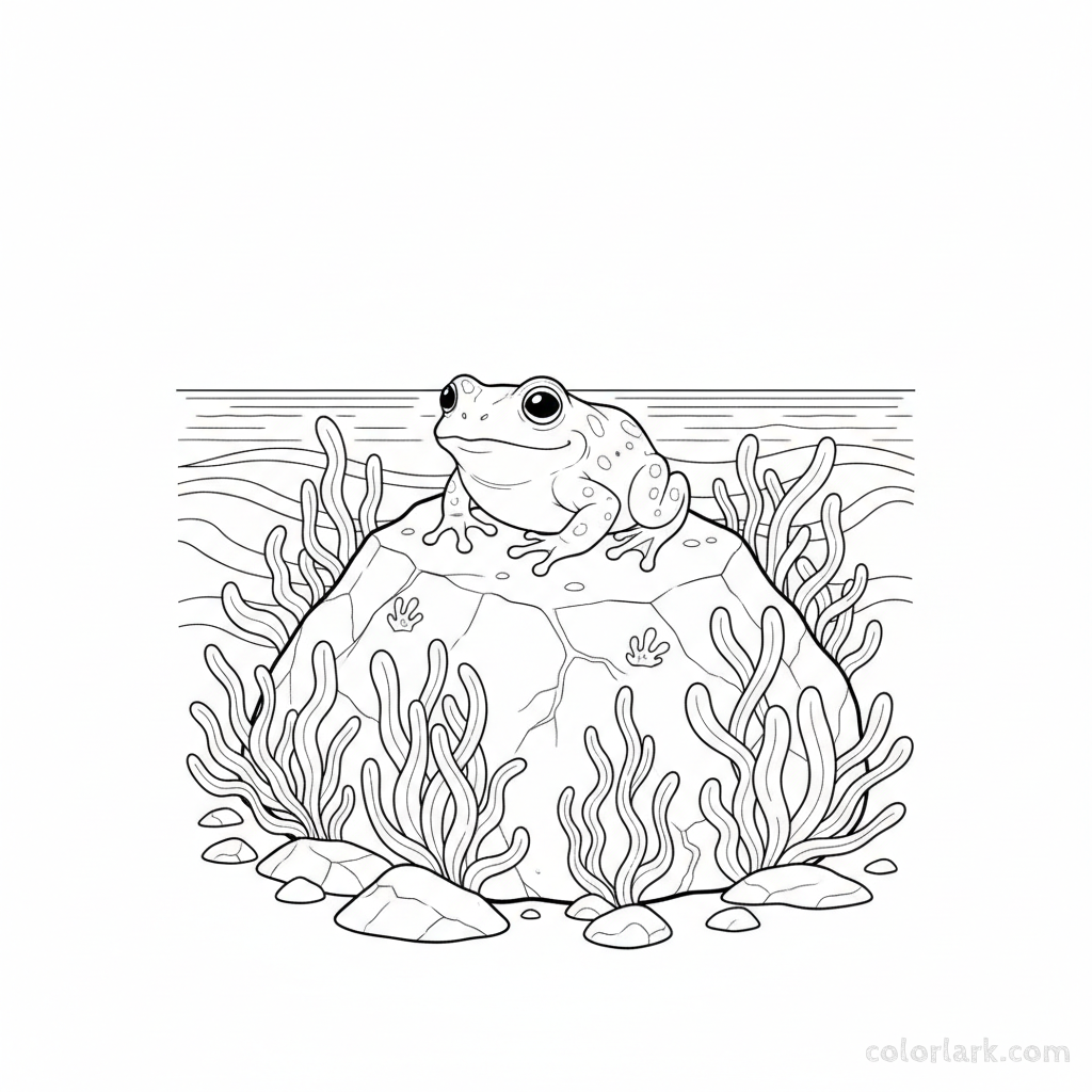 Black and white line art of a little frog resting on a seaweed-covered coastal rock.