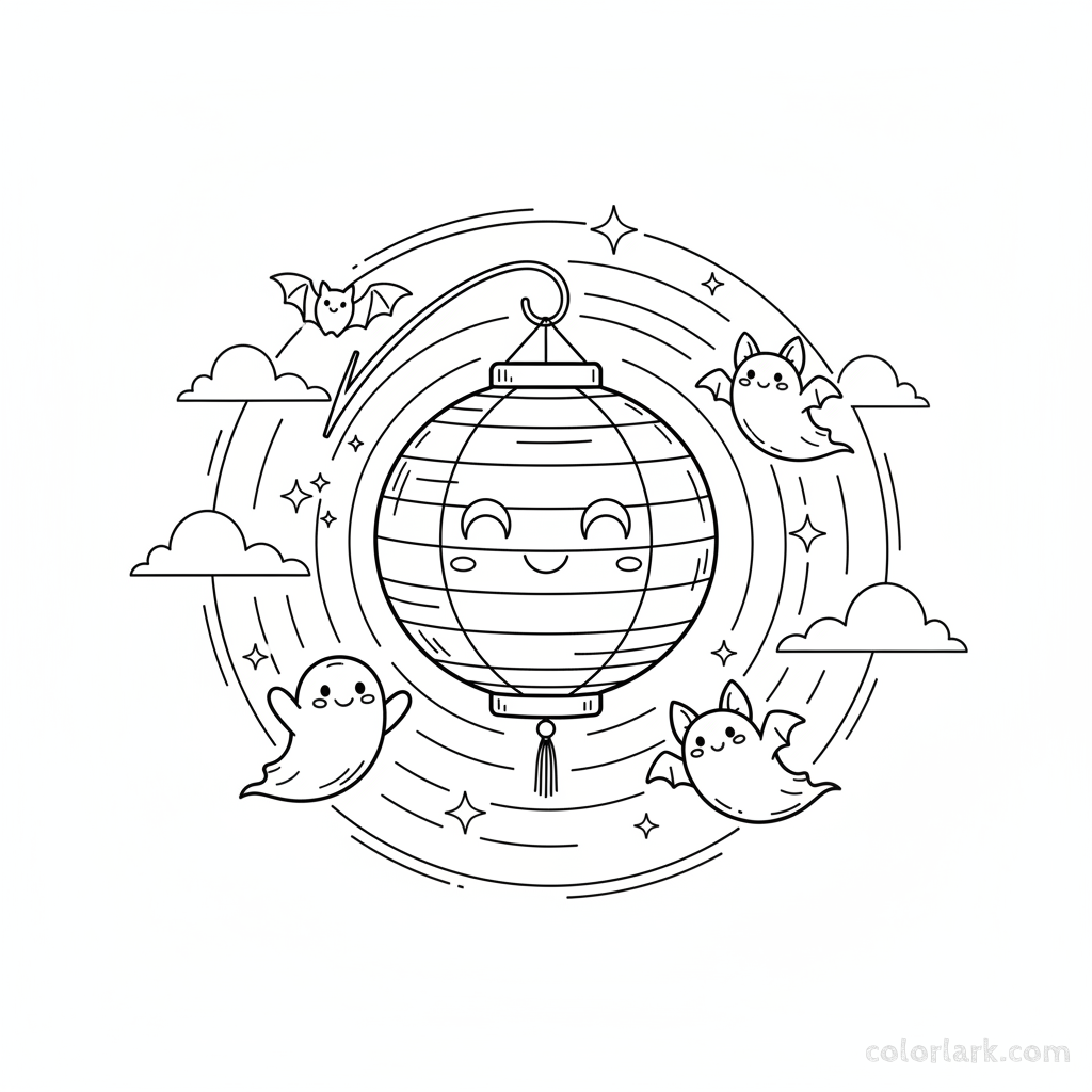 Black and white line art of little ghosts and bats flying around a friendly moon-shaped lantern, Halloween coloring page.
