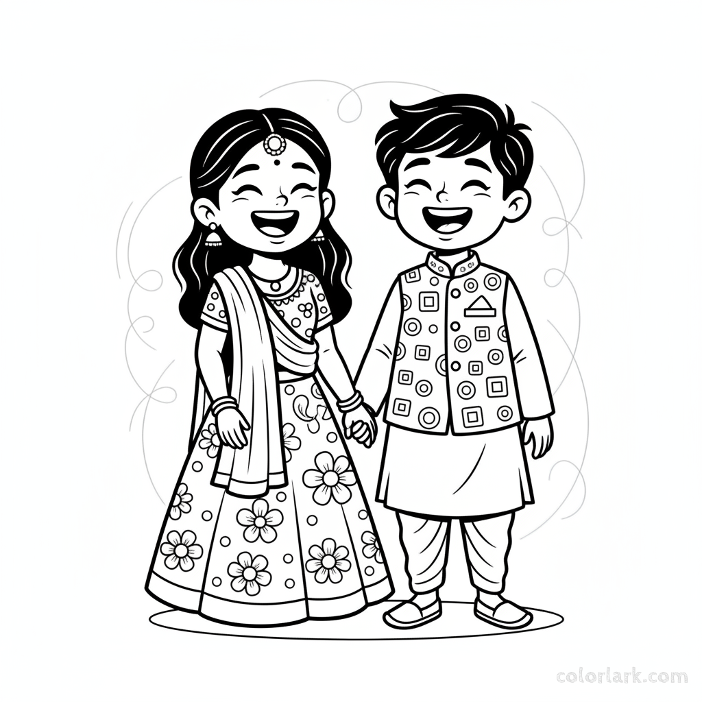 A little girl and boy dressed in traditional Diwali attire, laughing happily and standing together, black-and-white line art