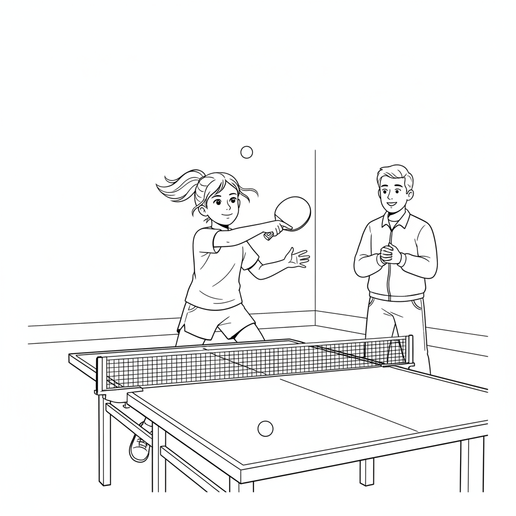 Black and white line art of a little girl attempting her first topspin table tennis serve, with her coach watching encouragingly.
