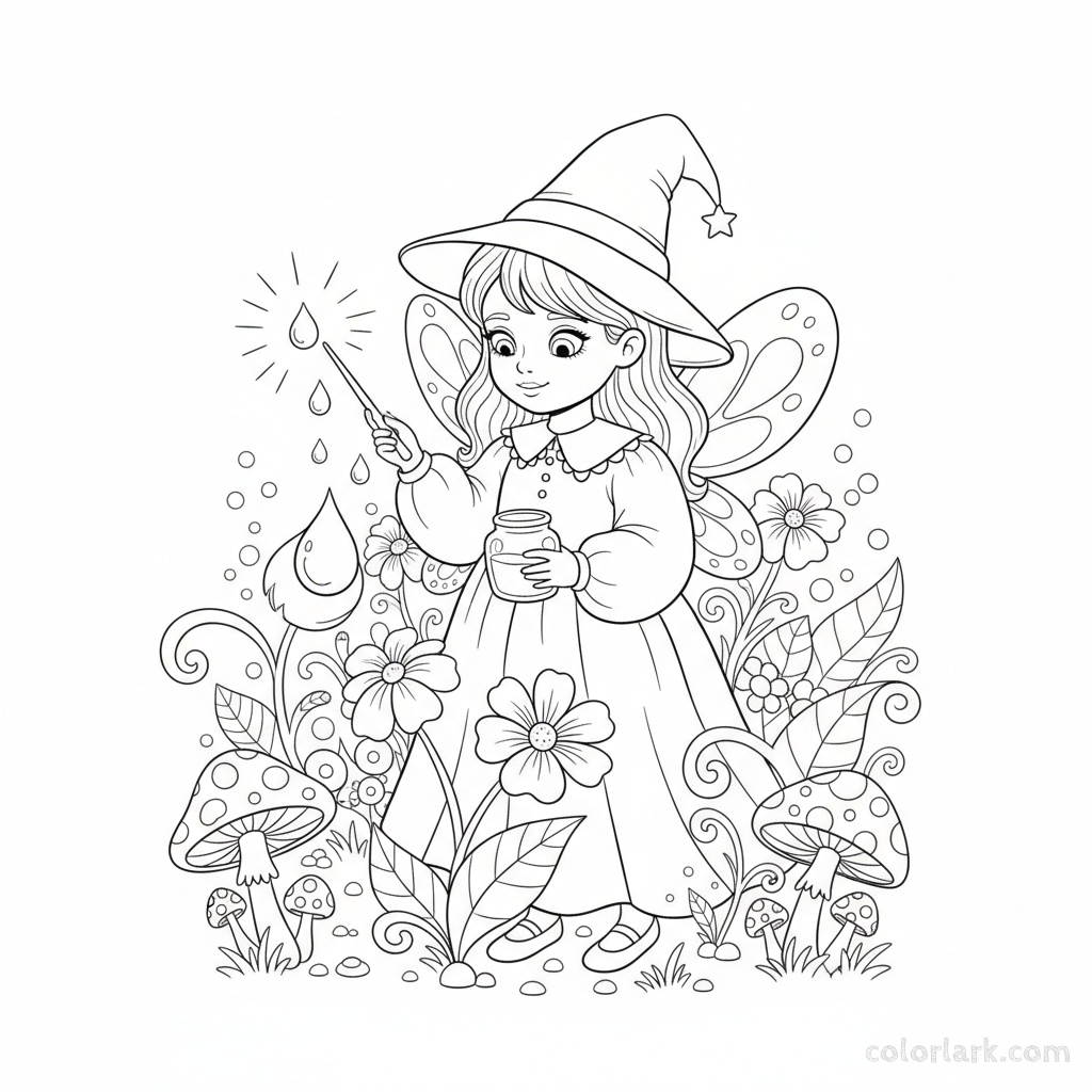 Black and white line art of a little girl in a fairy-witch costume collecting dewdrops in a jar, Halloween coloring page.