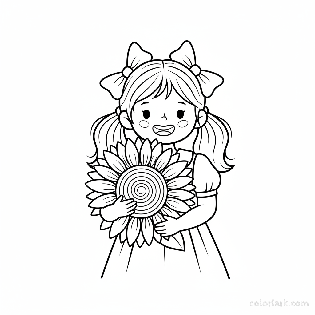 Black and white line art of a little girl happily holding a large sunflower