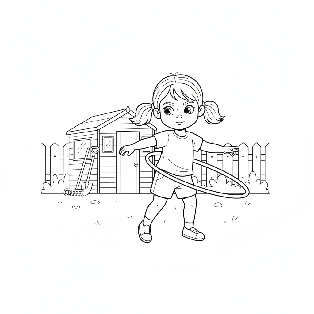 Line art of a little girl learning hula hoop balance in the yard