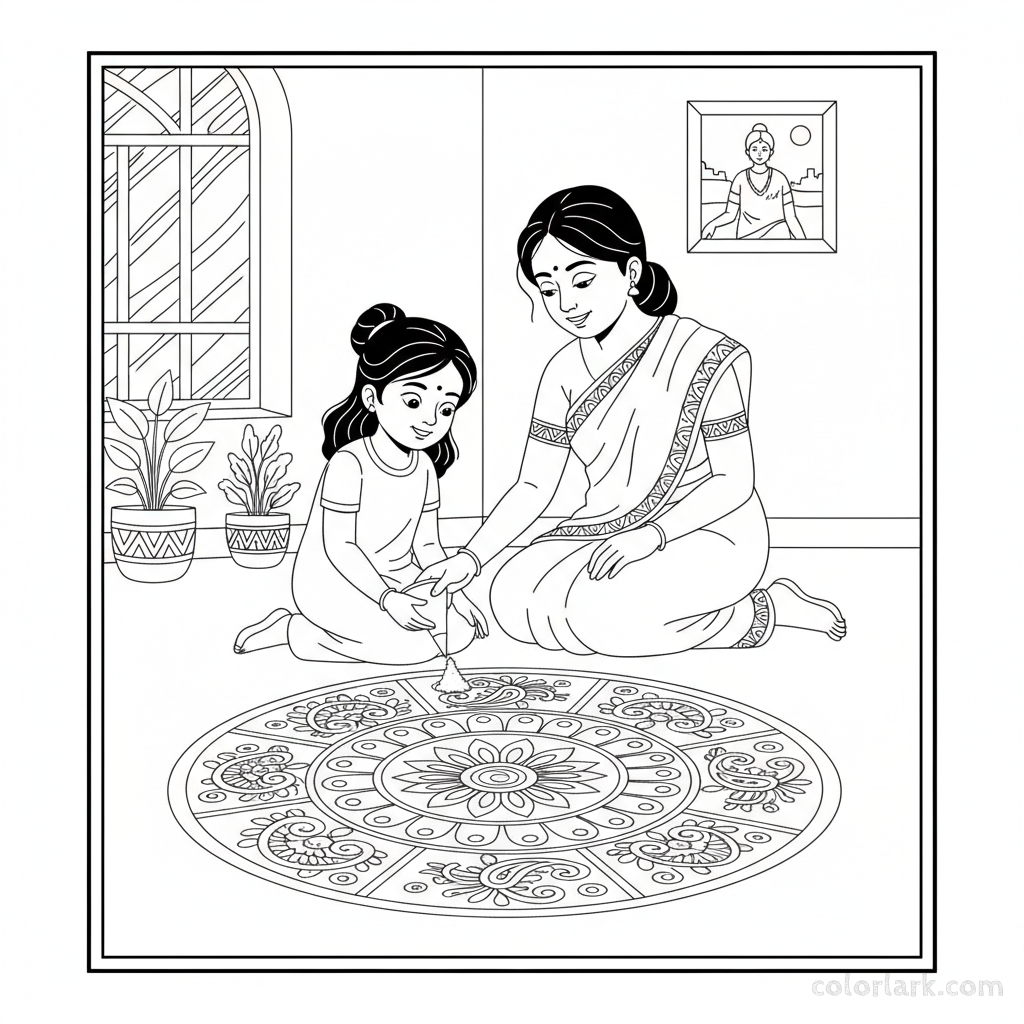 A little girl learning to create a rangoli design from her mother for Diwali, showing guidance and learning, line art