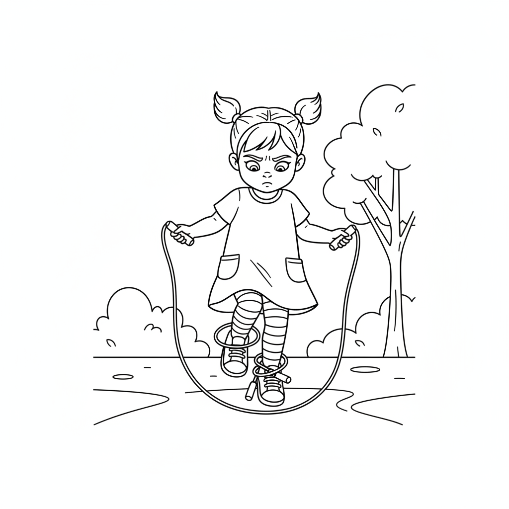 Line art of a little girl learning to skip rope outdoors
