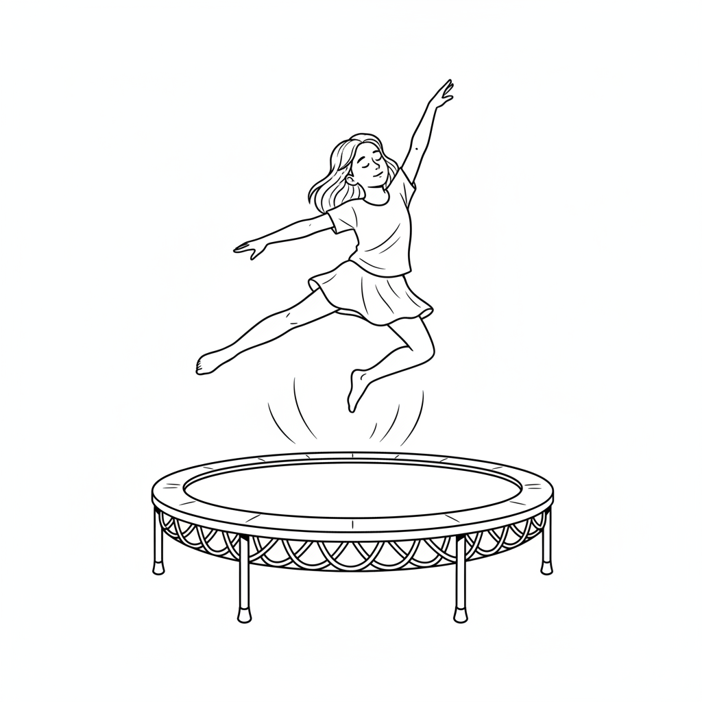 Black and white line art of a little girl stretching her body while jumping on a trampoline at a kids fitness center.