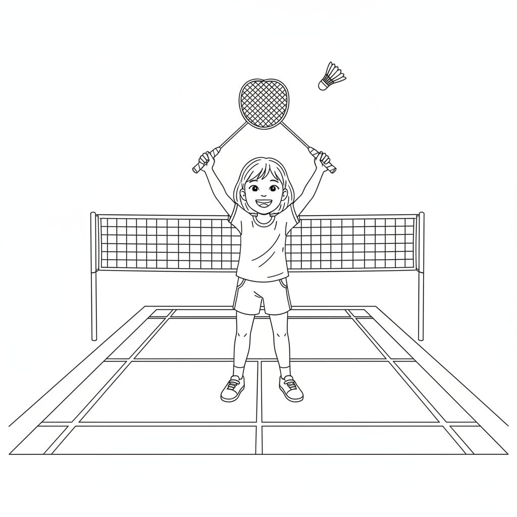 Line art of a joyful young girl winning a badminton match, raising her racket in celebration.