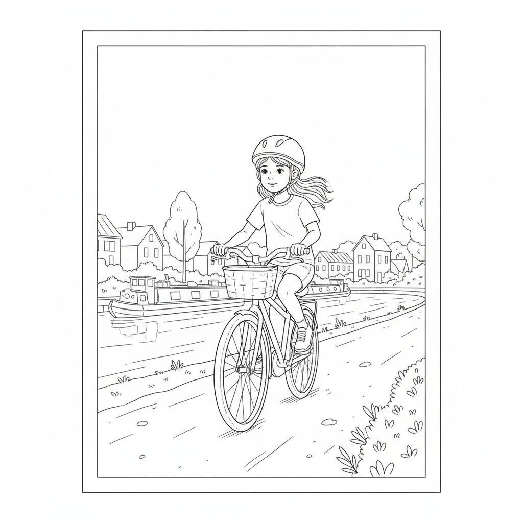 Black and white line art coloring page of a girl with a helmet, riding a bicycle along a calm canal towpath.