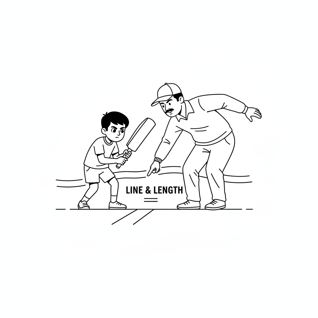 Little Indian cricketer learning how to pick the line and length of ball with coach, black and white line art.