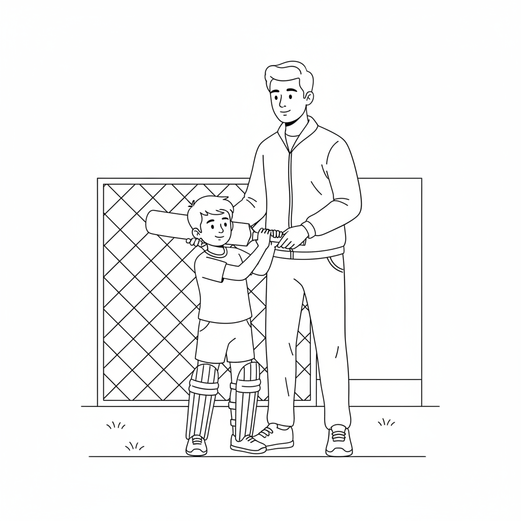 Little Indian cricketer practicing backlift with coach's help, black and white line art.