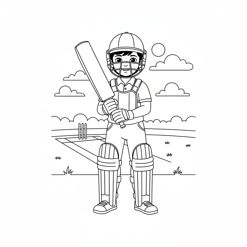 Little Indian cricketer in helmet and pads, standing tall and confident with his cricket bat.