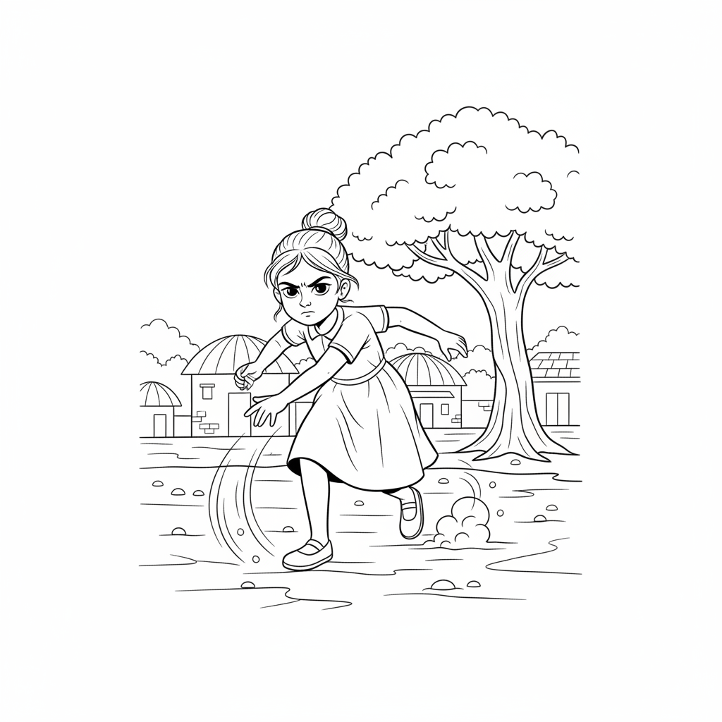 Little Indian girl in mid-action, practicing her bowling technique on a dusty village ground.