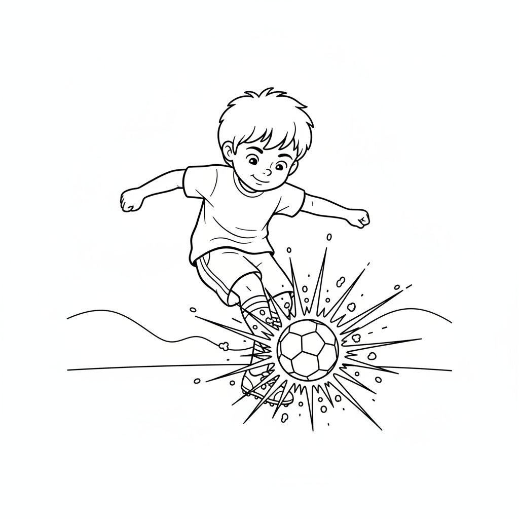 Line art of a little kid delivering an exploding power shot in soccer.